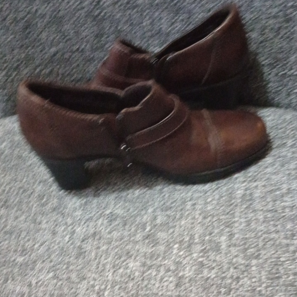 Clarks Brown Heeled Boots with Buckle Strap - Picture 3 of 9